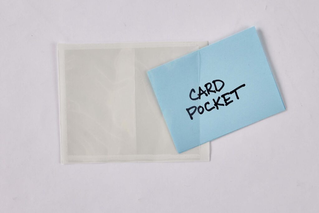 Clear self-adhesive pocket to affix to poly storage bags for inserting contents descriptions