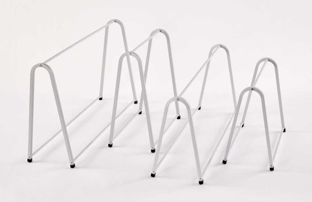 Four sizes of anodized aluminum tabletop racks for hanging multi-use see-through poly storage bags