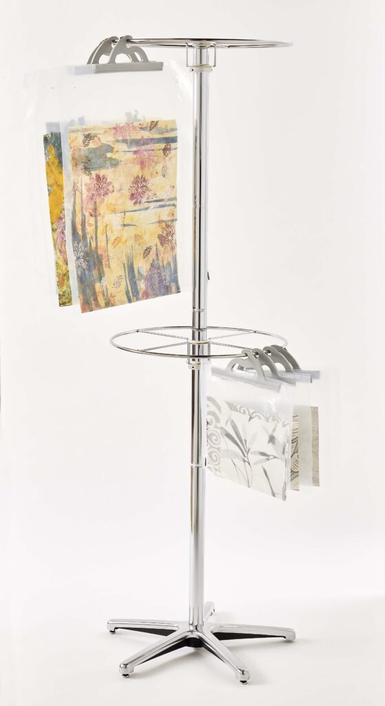 Two-tier revolving circular metal chrome rack for hanging multi-use poly storage bags