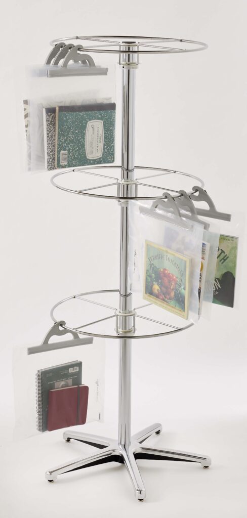 Three-tier revolving circular metal chrome rack for hanging multi-use poly storage bags