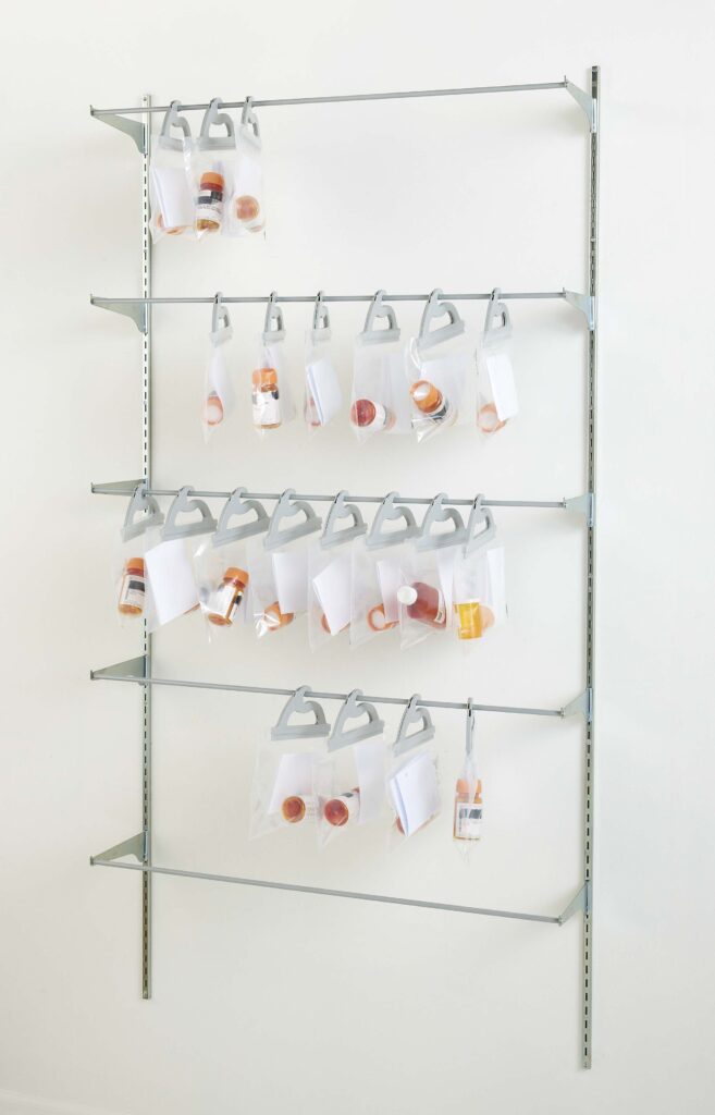 Wall standards system for hanging multi-use see-thru poly storage bags – example bags hold pharmacy prescriptions